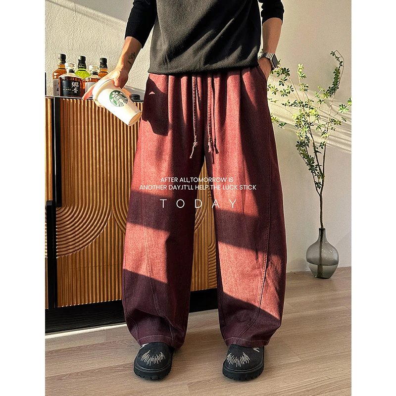 韩版时尚简约百搭水洗拼接个性宽松长裤秋季透气舒适直筒休闲裤男