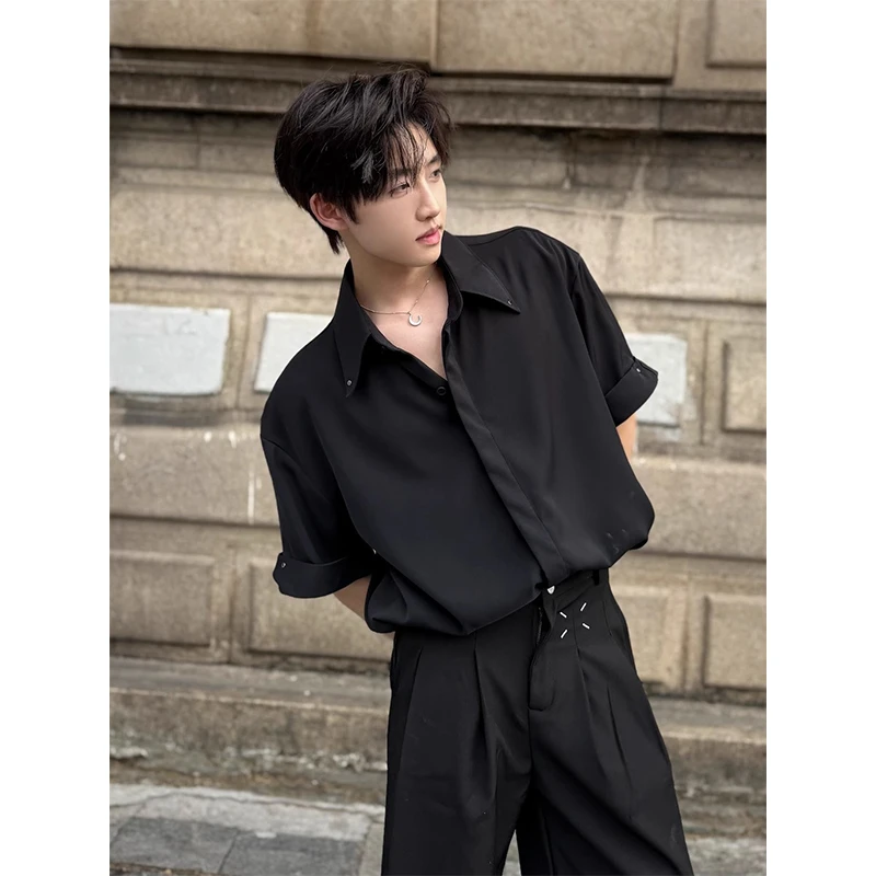 英伦雅痞冰丝短袖衬衫男生夏季轻熟风松弛感衬衣高级感美式薄外套