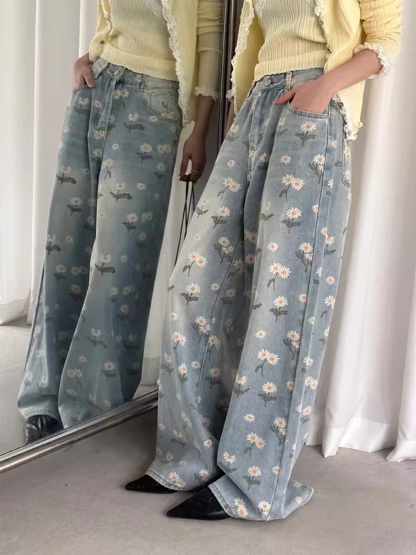涵涵家~复古雏菊无感印花高腰显瘦直筒阔腿牛仔裤女#8087