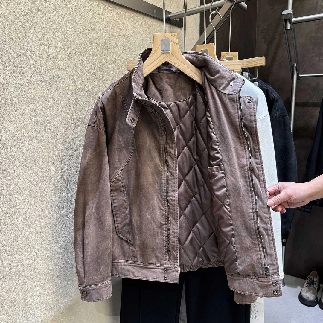 细品质感！重磅水洗！美式复古结构分割夹棉加厚男士外套棉衣2373