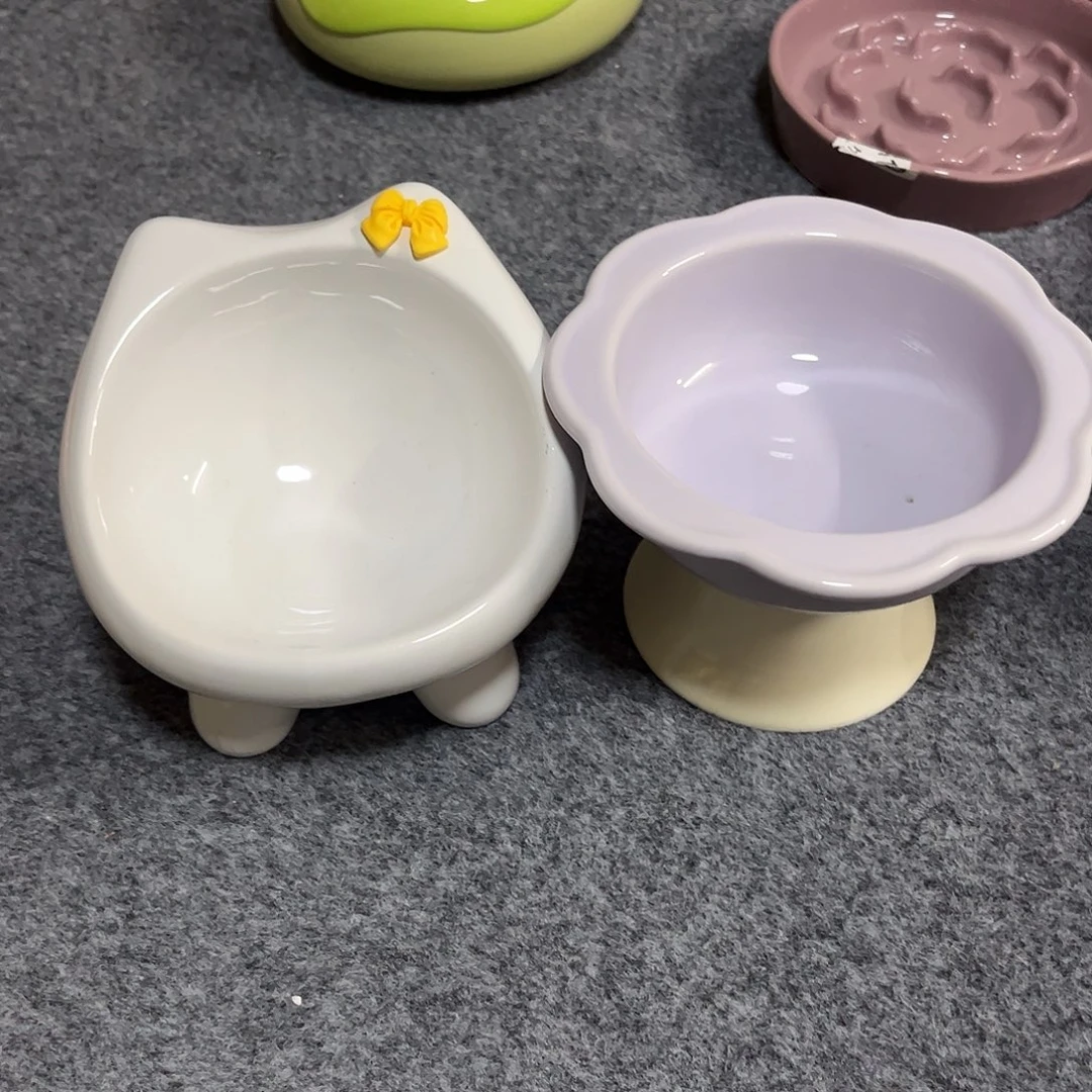 陶瓷猫猫斜口花花紫色一套微瑕