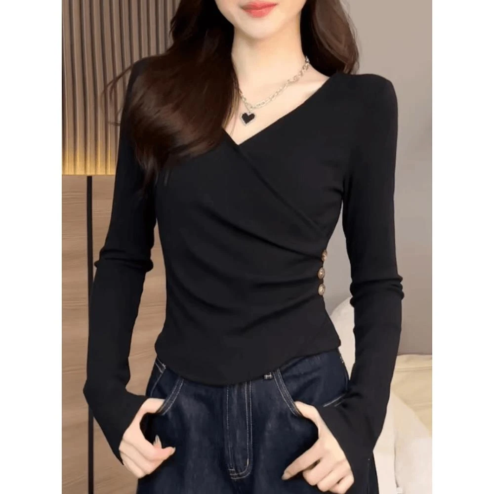 设计感洋气v领正肩长袖t恤女春秋新款大码胖mm修身显瘦打底衫上衣