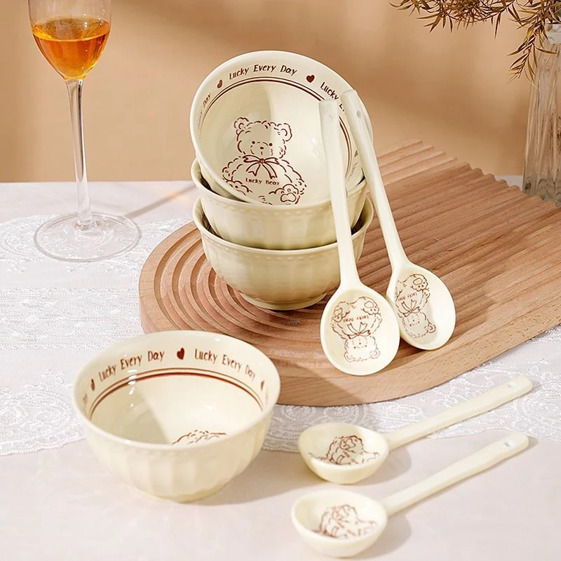 碗家用饭碗网红高颜值幸运熊2碗2勺可爱小清新釉下彩碗勺卡通餐具