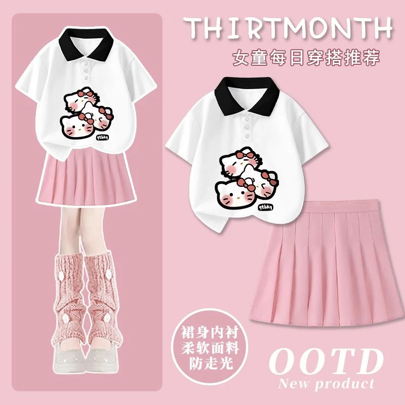 夏季女童套装POLO衫短袖短裙卡通猫咪印花新款中大童两件套百褶裙