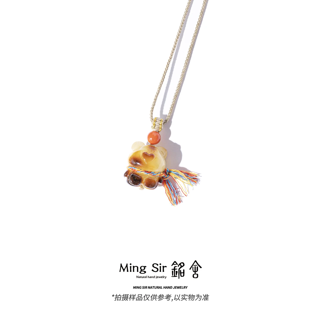 【铭舍 俏皮熊特微瑕】琥珀蜜蜡焦皮料丝巾小熊雕刻配珠福利颈饰