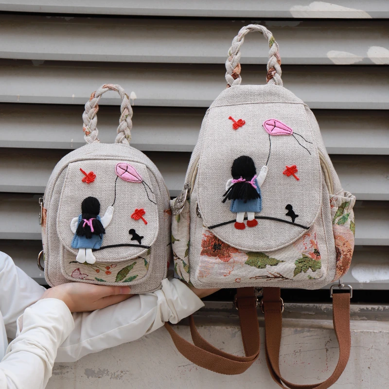 原创小女孩放风筝亲子帆布包小清新手工设计文艺百搭竖款轻便背包