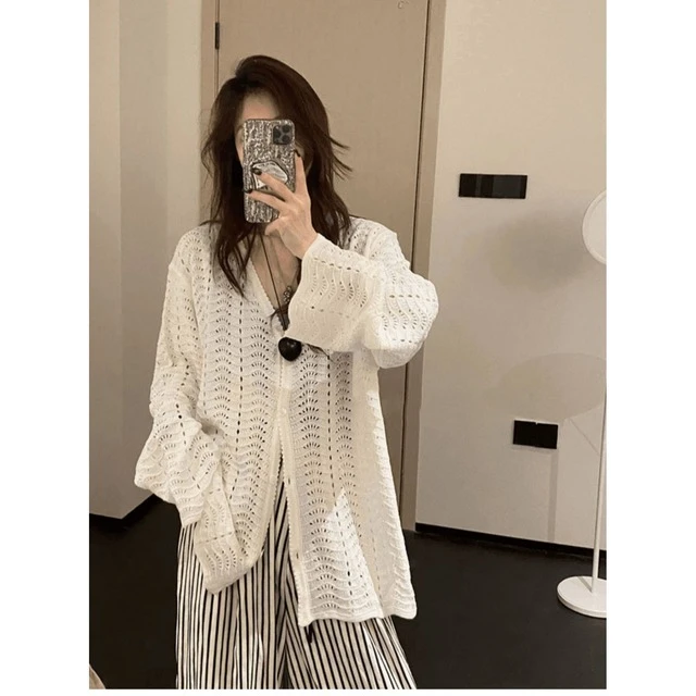 慵懒风镂空白色针织衫上衣女春夏2025新款设计感小众百搭开衫外套