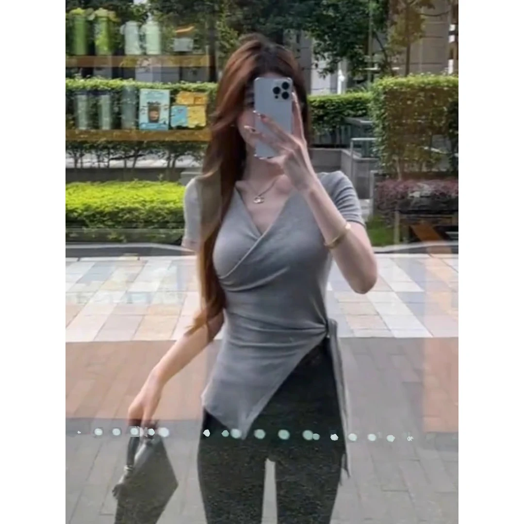 灰色不规则v领正肩短袖t恤女夏款2024新款设计感收腰系带气质上衣