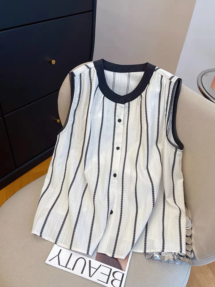 高级感无袖条纹衬衫上衣女夏季2025新款宽松休闲坎肩背心洋气小衫