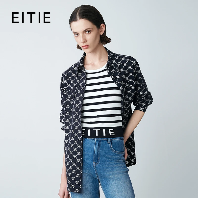 EITIE爱特爱春季新款时尚复古通勤百搭显瘦印花短款衬衫7709404