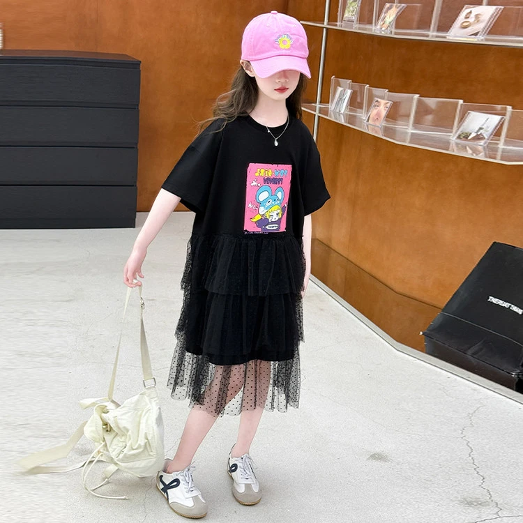 女童洋气网纱连衣裙时尚夏季女孩公主裙中大童针织拼接裙