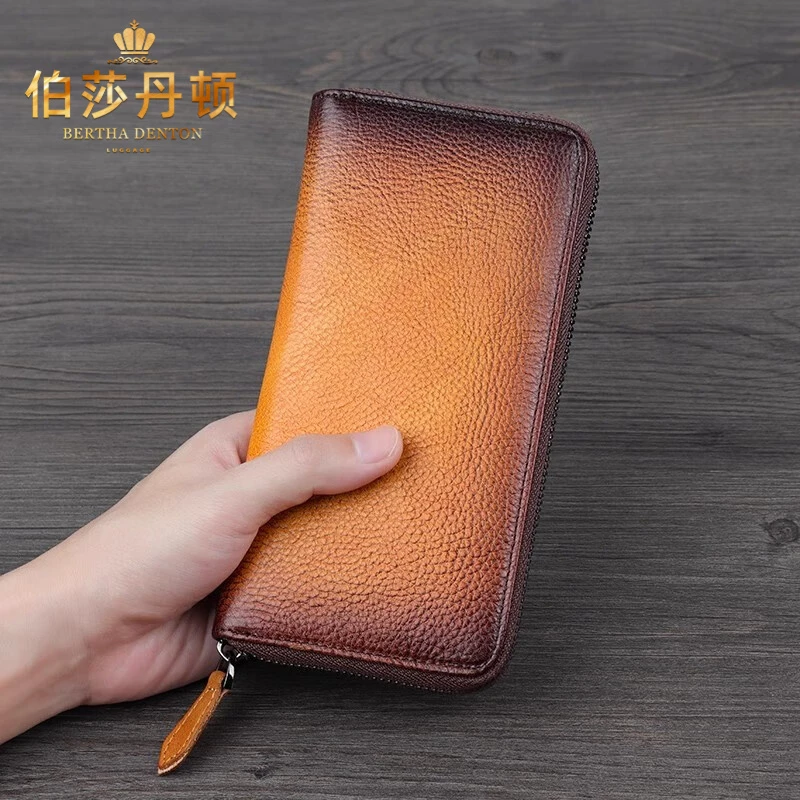 伯莎丹顿复古真皮简约男士钱包长款植鞣皮钱夹大容量牛皮手拿卡包