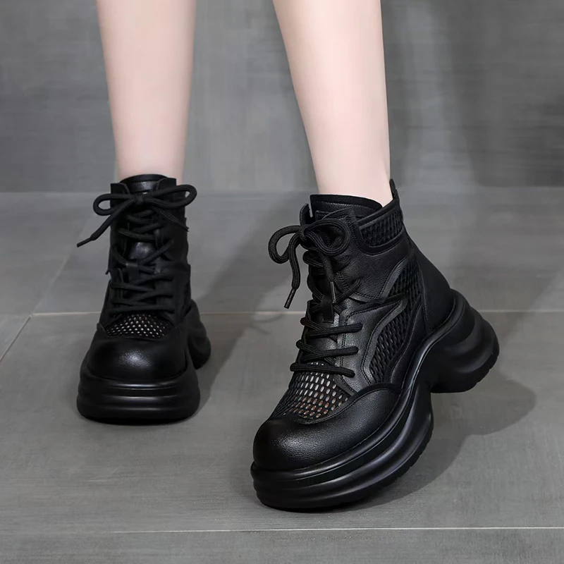 真皮网面透气马丁靴女2025新款夏季网靴厚底增高薄款镂空网纱凉靴