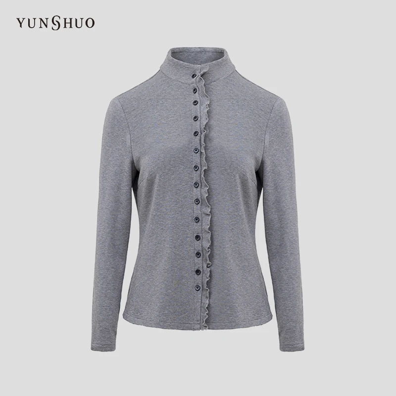 YUNSHUO 秋冬季新款衬衣女优雅木耳边立领长袖衬衫 339709