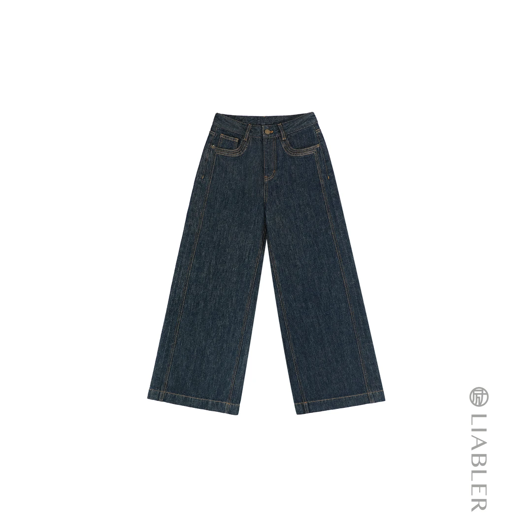 LIABLER 25秋冬结构感分割立体压线显瘦宽松牛仔裤 LAW25562T