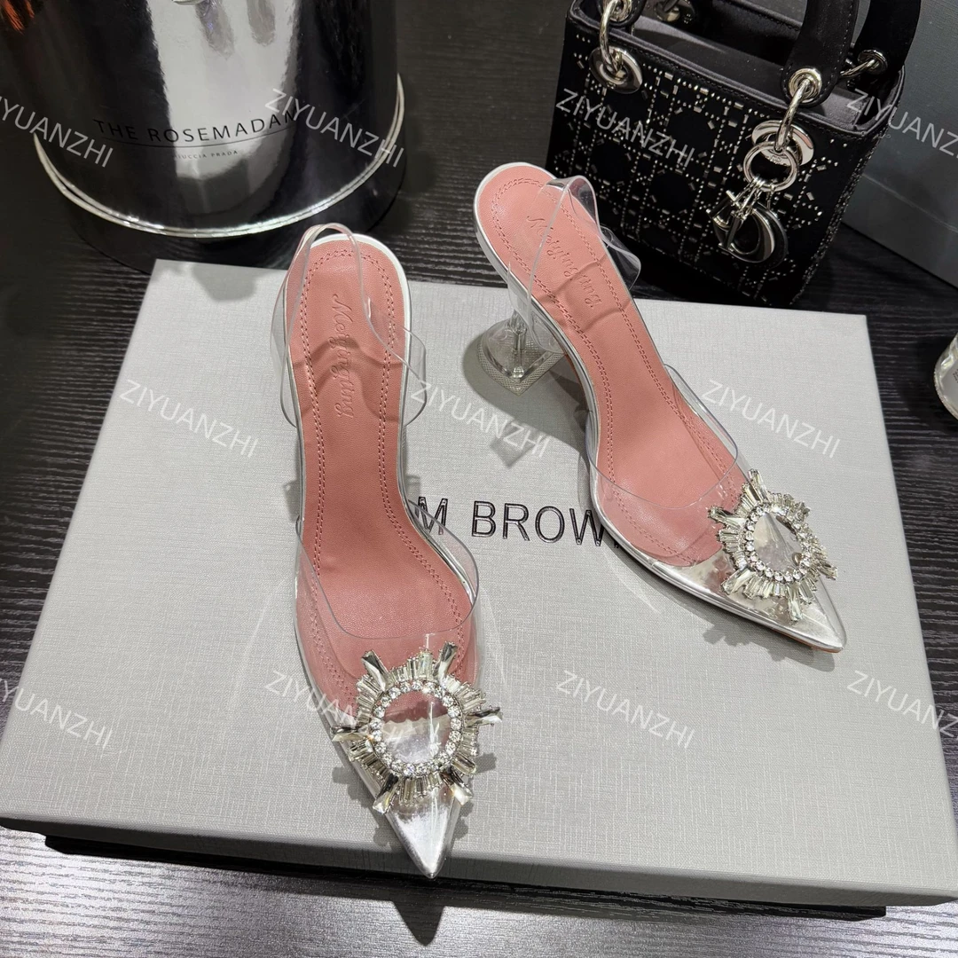 【柒七匠心】太阳花透明水钻高跟鞋仙女风尖头水晶气质凉鞋银色婚鞋