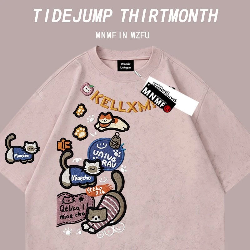 夏季纯棉扎染短袖t恤潮牌设计感猫咪印花女童休闲百搭中学生上衣