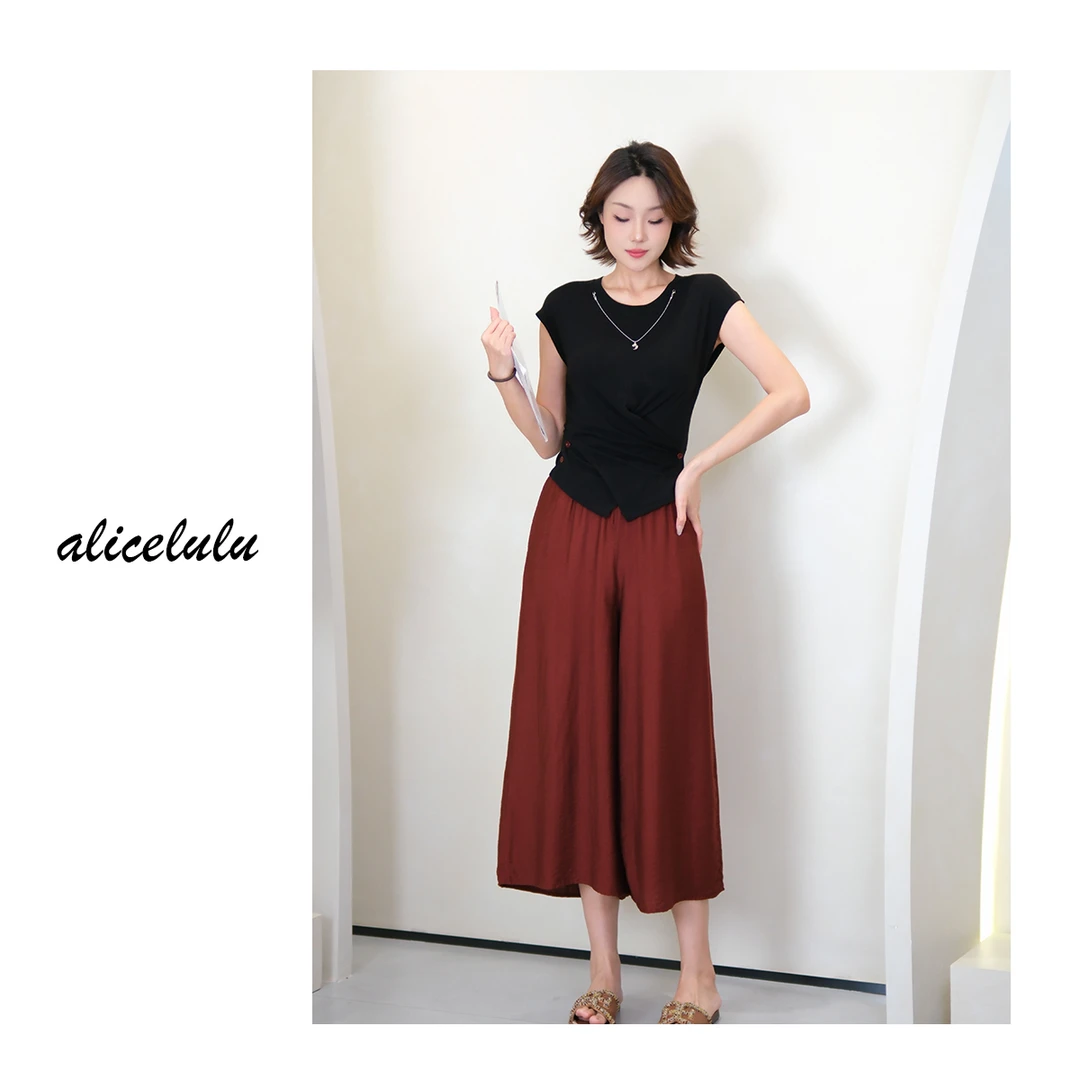 [alicelulu]韩系休闲收腰撞色上衣阔腿裤女装套装S1035099U