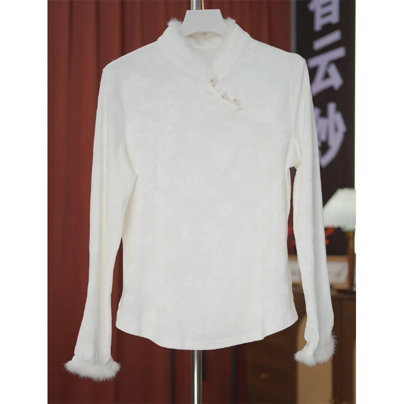 月白-4328-新中式秋冬加厚植绒百搭打底上衣长袖套头T恤