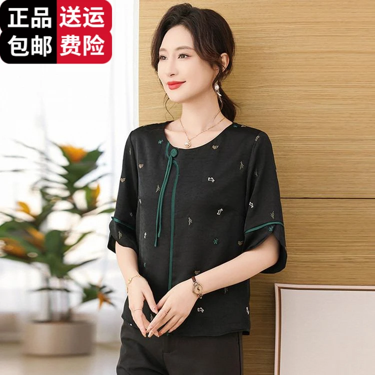 恒源祥彩羊2025新款中老年女装夏季时尚妈妈装桑蚕丝短袖T恤衫洋