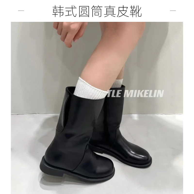 韩式圆头粗跟中筒骑士靴 2024 秋冬真皮女靴显瘦棕色小众马丁靴