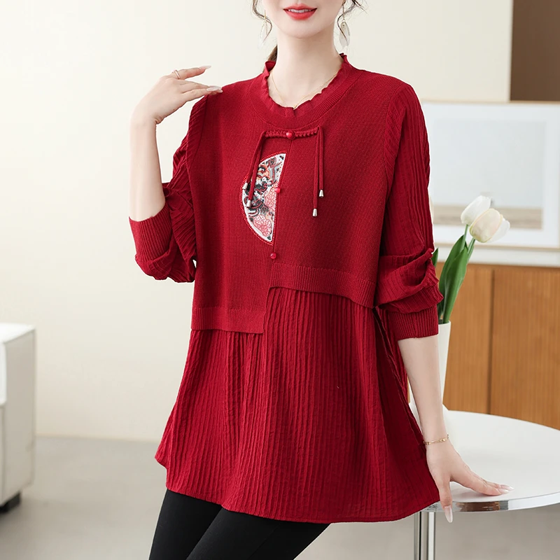 国风气质显瘦宽松针织拼接大版衫女圆领套头时尚春秋打底新款上衣