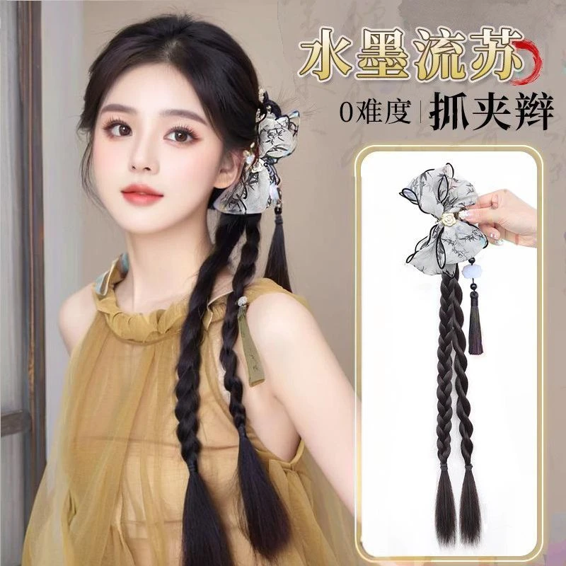 新中式假发辫抓夹麻花辫水墨流苏后脑勺发夹侧马尾自然古风长辫
