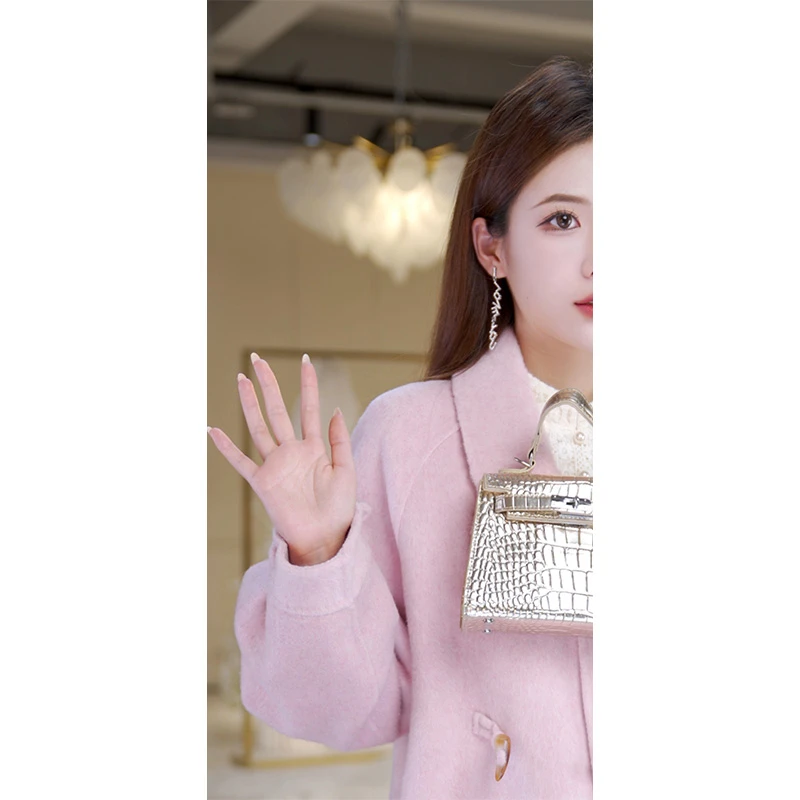 【北栀】【羊绒牛角扣】秋冬翻领中长款韩外套双面羊毛大衣813118