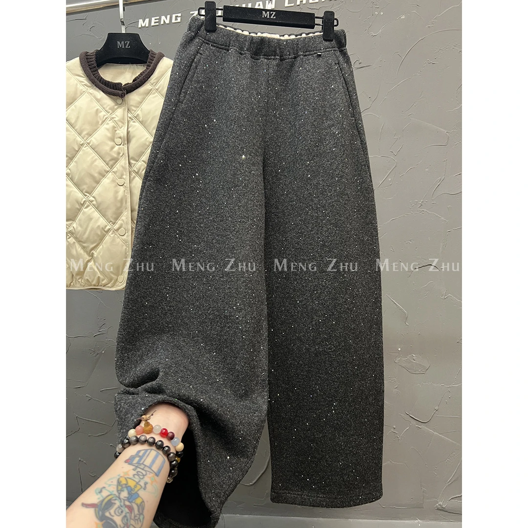胖妹妹240斤大码高级感加绒休闲阔腿裤冬加厚亮片直筒裤女奶奶裤