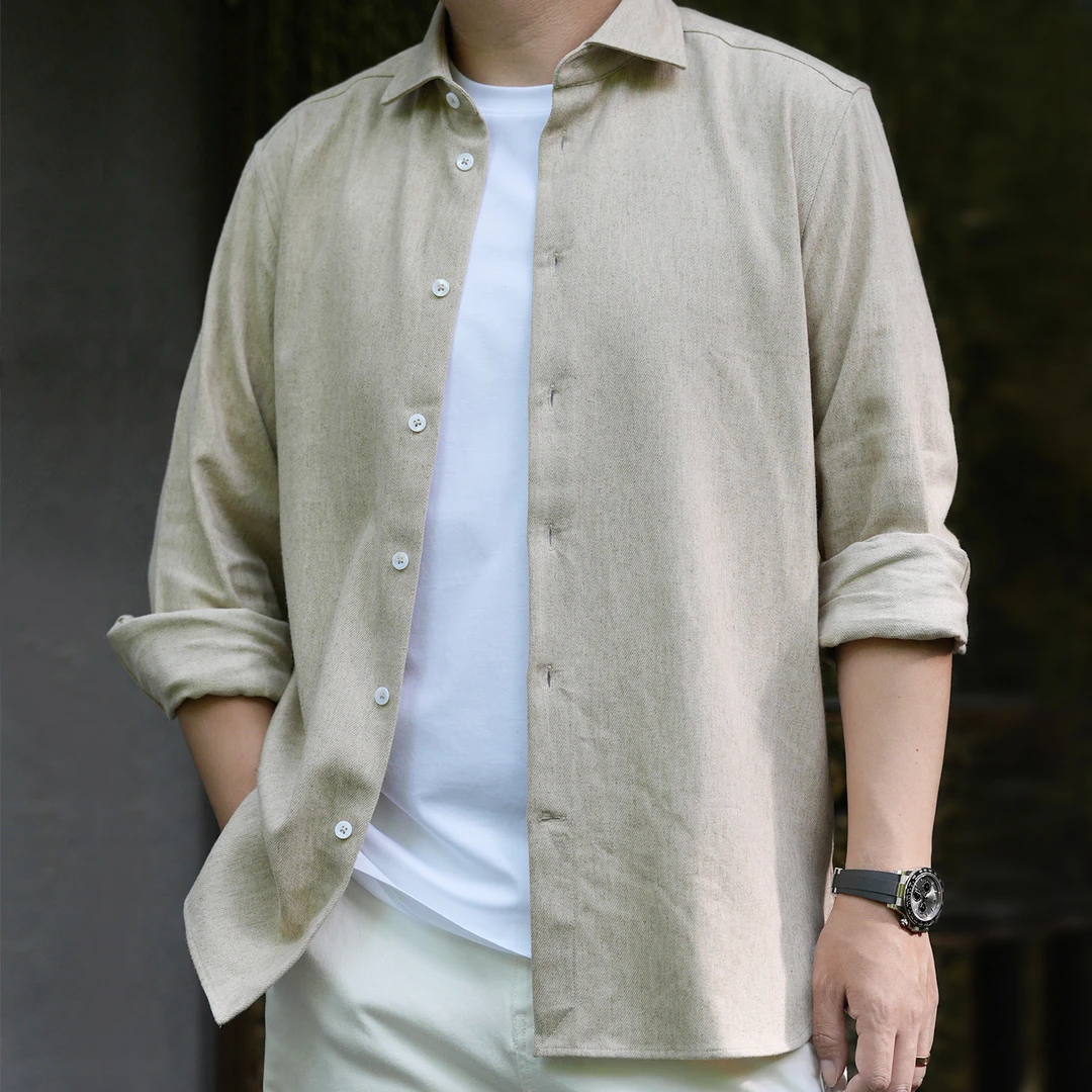 【251905034】随性且松弛 老钱雅致男士雨露亚麻休闲长袖衬衫外套