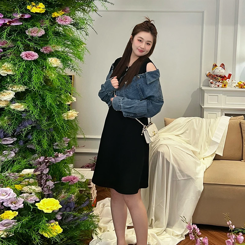 楠序胖mm大码女装 2025秋装时尚显瘦小众拼接假两件连衣裙YZ35086