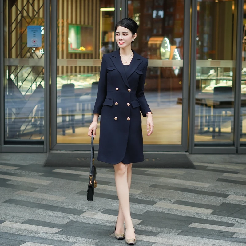 春藏青安可拉红时尚正式场合西服套装连衣裙收腰工作服西装裙女士