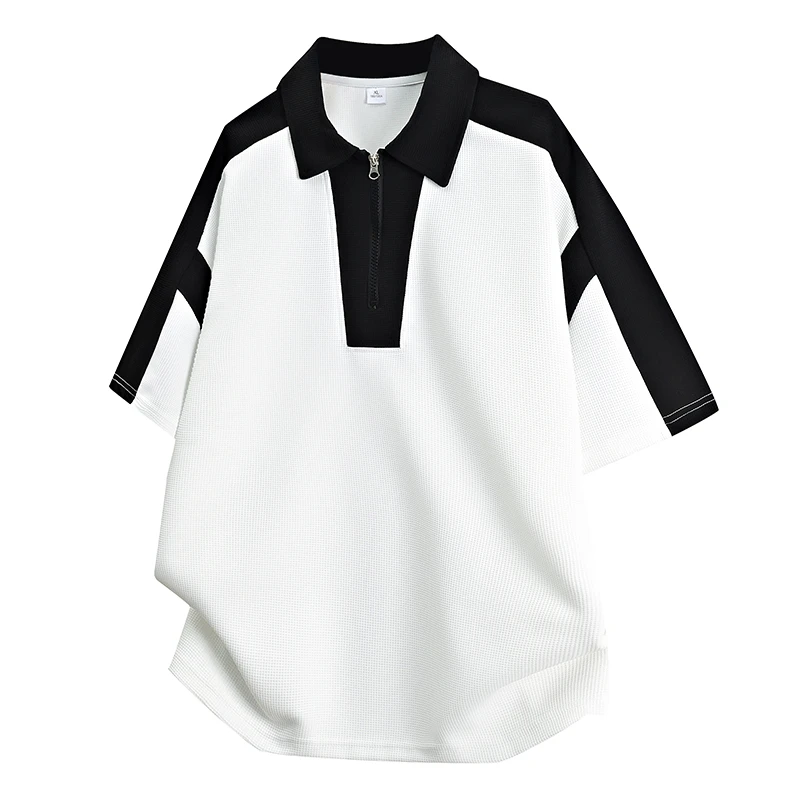 美式高街半拉链拼色短袖POLO衫男款夏季潮牌小众翻领t恤痞帅半袖