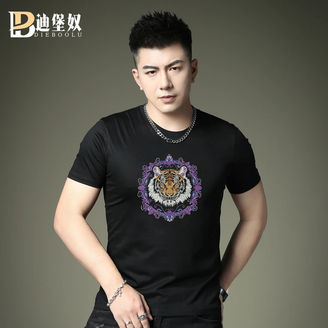 欧洲站高端潮牌T恤夏季青年新款虎头刺绣修身短袖男装潮流T恤衫