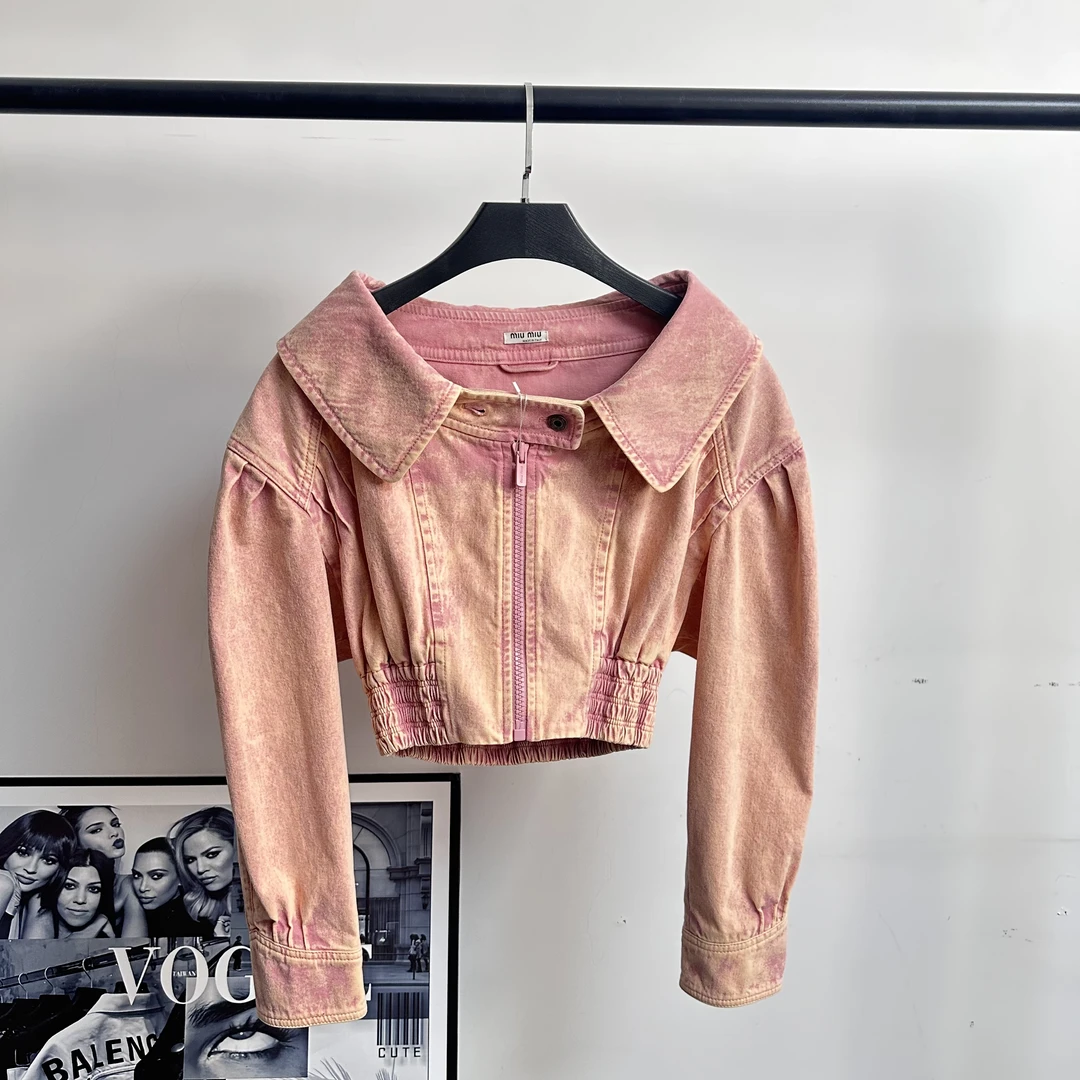 99新 MIU MIU/缪缪 做旧粉色背后字母短款夹克外套/34