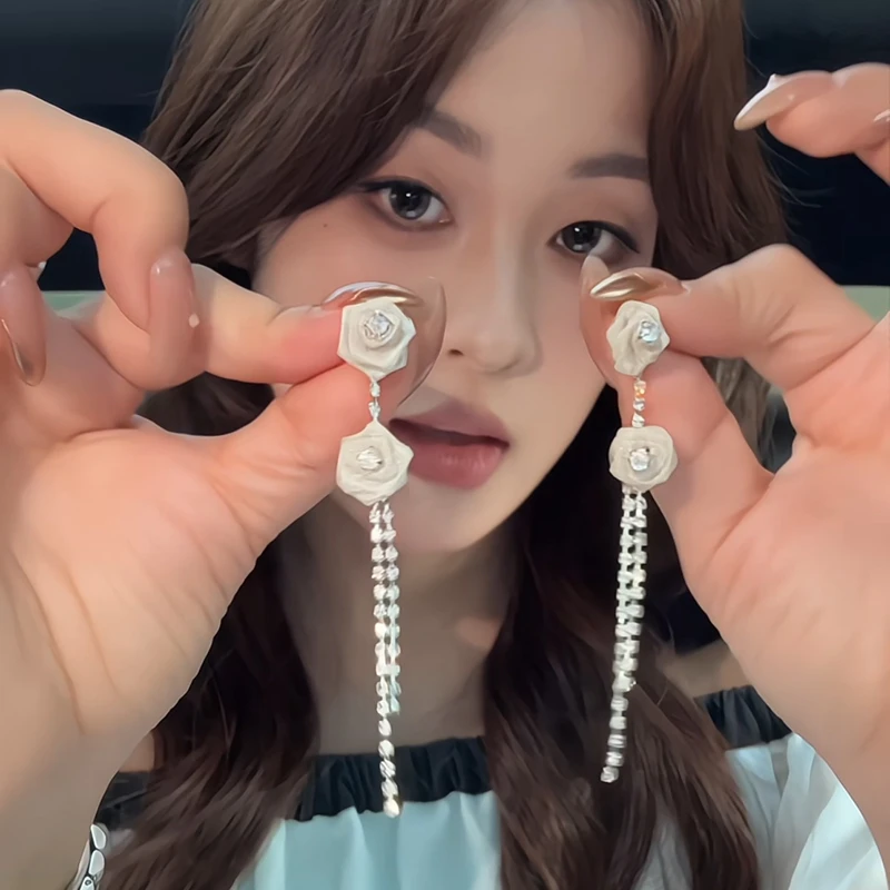 铜合金锆石耳饰 长款锆石耳环2025新款高级感超仙花朵流苏耳饰