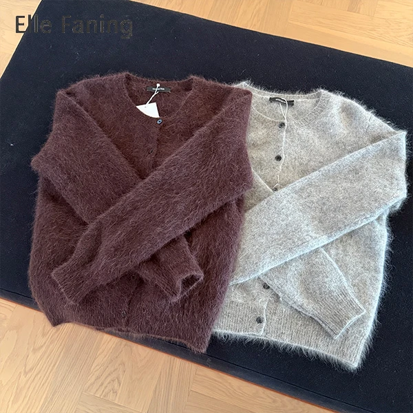 芒果优选-棕灰绒叙 圆领三色拉绒单排扣针织开衫