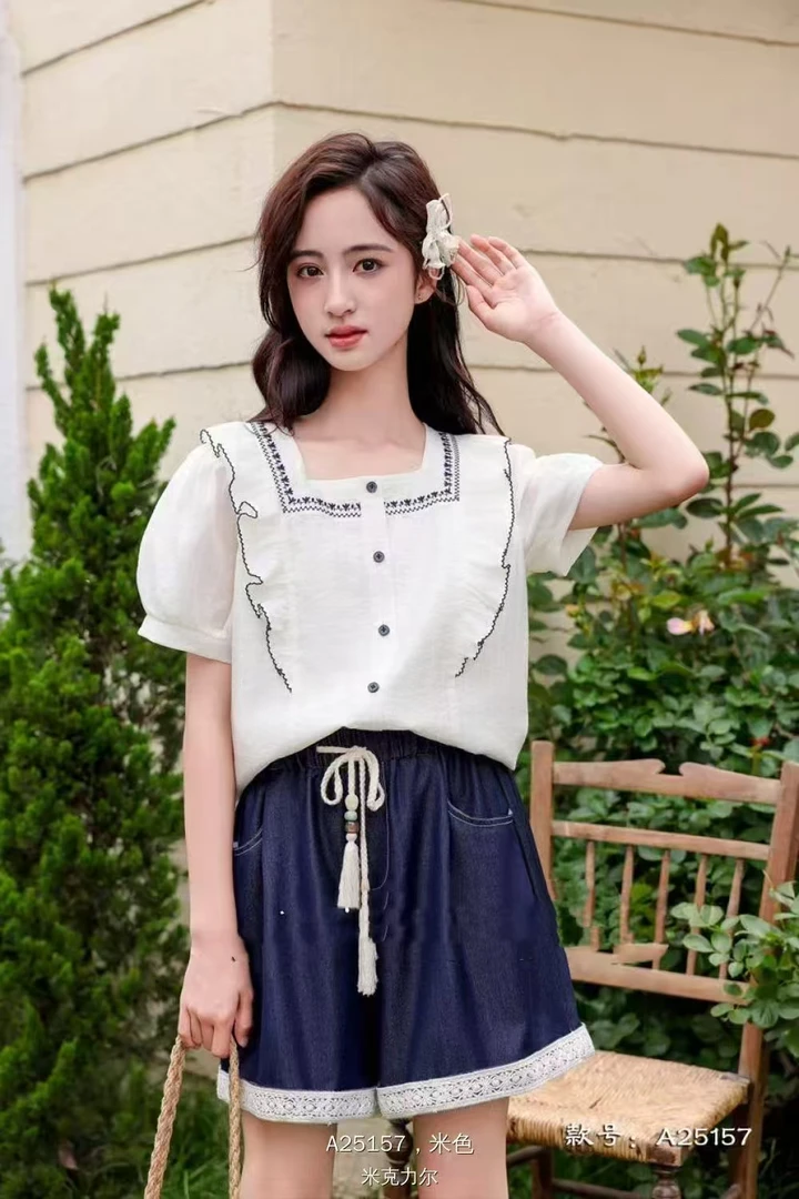 女大童衬衣短裤套装2025夏季新款