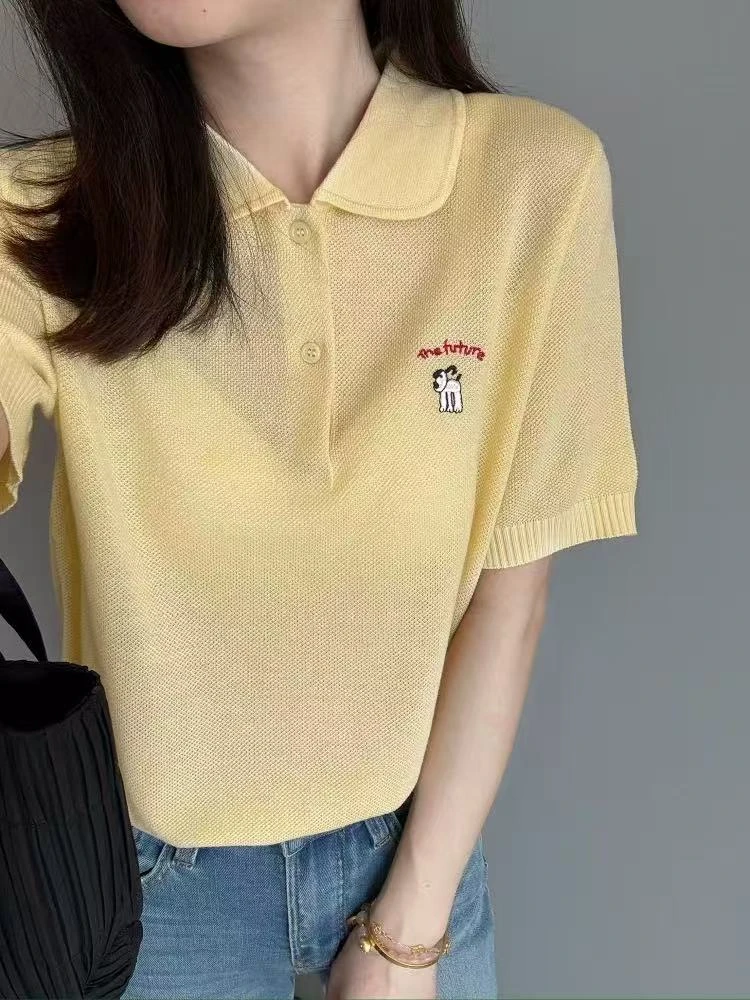 6667大码刺绣夏季女小狗翻领薄款毛针织衫针织衫气质女上衣