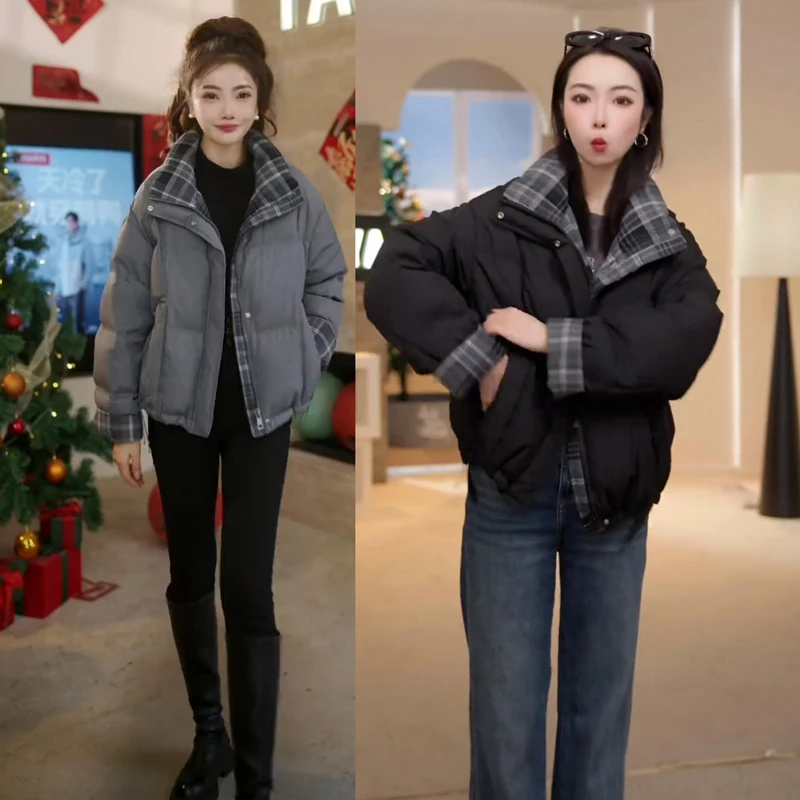 格纹时尚棉衣棉服女2025冬季新款百搭显瘦保暖洋气外套面包服上衣