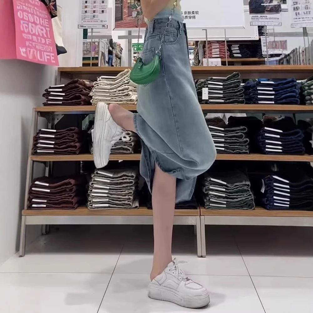 棉50%a字裙女梨形身材半身裙大码中长款秋季胖mm高腰牛仔显瘦垂感