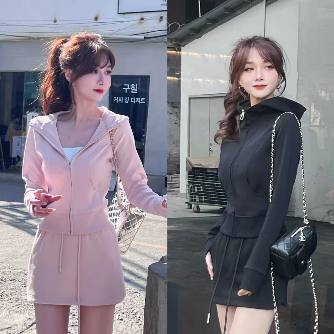 【慵懒周末outfits】早春连帽拉链 开衫短裙卫衣套装（自带安全裤）