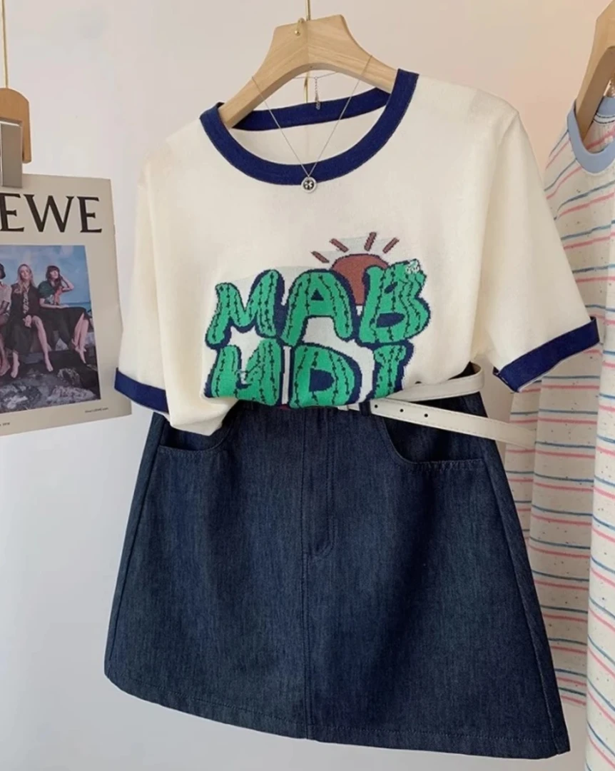 【优质面料】新款短袖针织女夏季字母刺绣小衫减龄气质显瘦百搭上衣