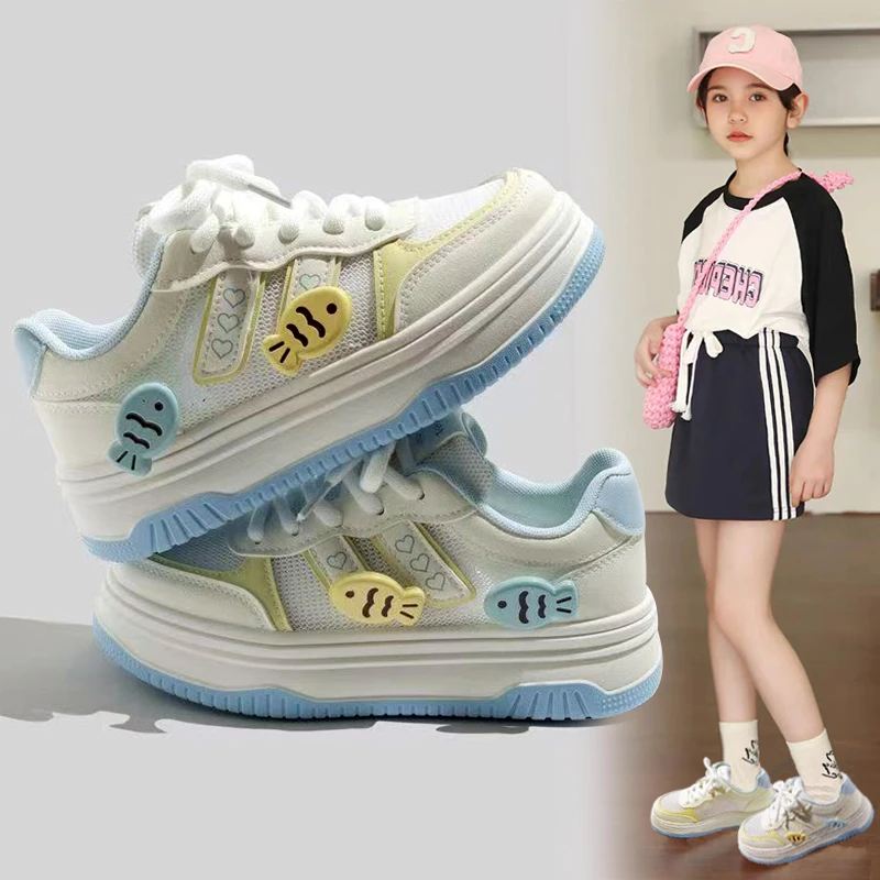 女童单网板鞋2025款春秋儿童休闲板鞋中大童加绒小白鞋女孩老爹鞋