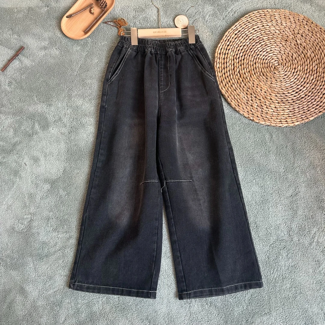 (有大码)男女童裤子休闲复古冬季秋冬洋气儿童休闲裤纯色牛仔长裤