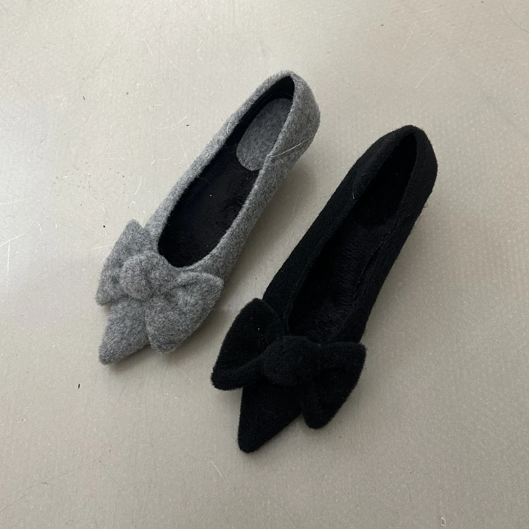 安安家 G35-2 毛呢韩版2025年新款气质时尚百搭尖头蝴蝶结细跟鞋