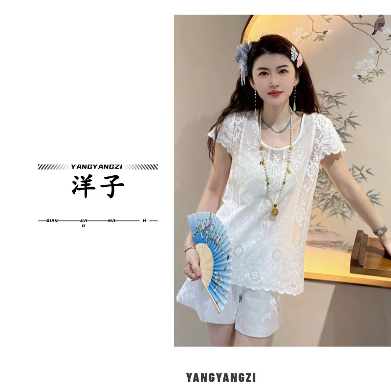 【倩倩】新中式高级定制高级百搭时尚刺绣镂空夏季T恤SH0658