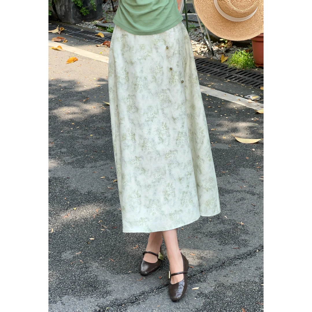 温敏er【豆绿布丁】时尚气质半裙高腰百搭复古半身裙裙子MF1102389