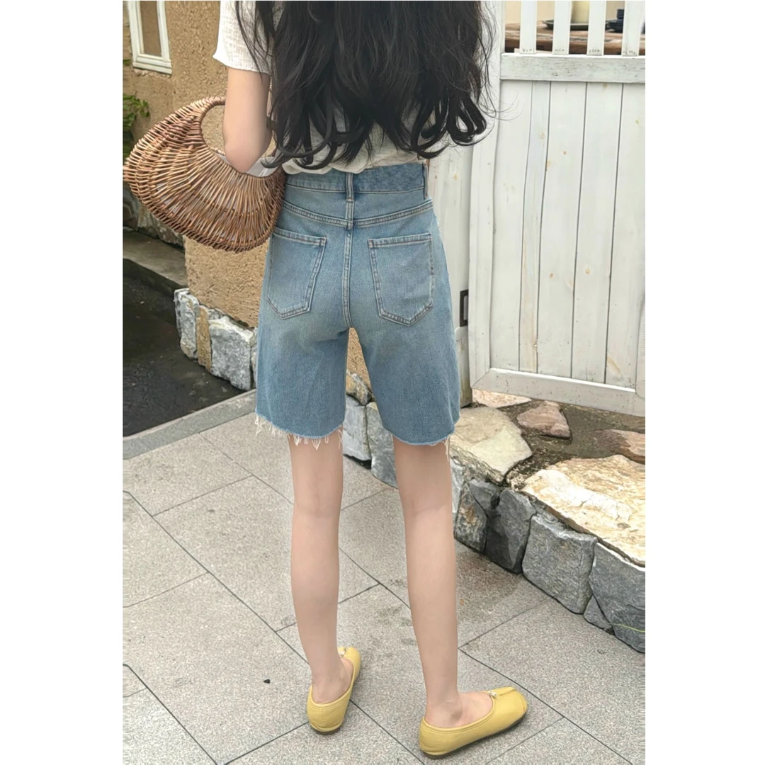 骑行裤直筒牛仔短裤女韩版夏季薄款浅蓝休闲百搭显瘦毛边五分中裤