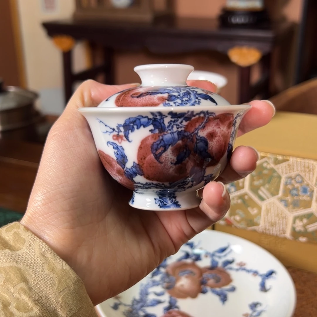 元煦釉里红五桃小盖碗